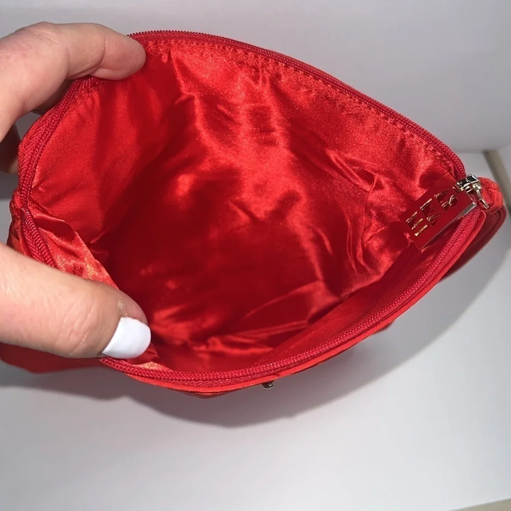 Giorgio Armani Red Satin Foldover Snap Zip Large Wristlet Clutch Bag - New